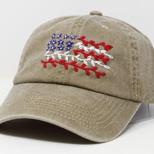 Hand Embroidered USA Flag Baseball Cap, Patriotic July 4th Washed Cotton Curved Brim Baseball Hat, Outdoor Summer Hat
