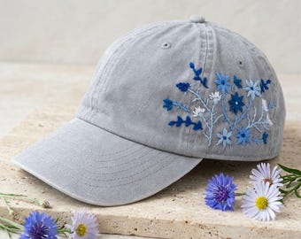 Jolie casquette de baseball 100 % coton, chapeau de serpent à fleurs bleues brodées à la main, casquette de baseball à bord incurvé, casquette amusantes d'été