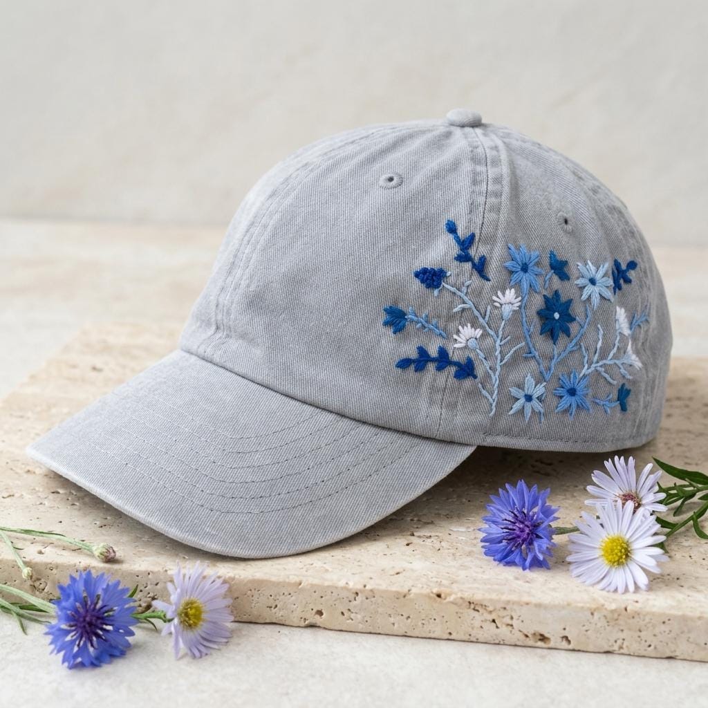 100% Cute Cotton Baseball Cap, Hand Embroidered Blue Flower Snake Hat ...