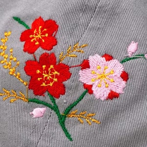 Flower Embroidered Cherry Blossom Sakura Baseball Cap, Washed Cotton Curve Brim Summer Hat Grey image 6