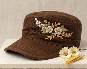 Embroidered Brown Cadet Hat With Earth Tone Flowers  display picture 2