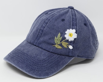 Wash Cotton Baseball Cap, Hand Embroidered White Matilija Poppy Flower Hat Cap, Curved Brim Summer Baseball Hat Daddy Cap