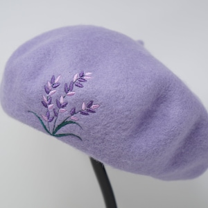 Embroidered Wool Beret Cap, Purple Lavender Winter Wool Beret Hat, 100% Wool French Beret