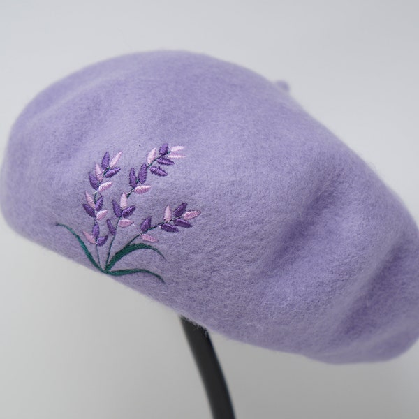 Embroidered Wool Beret Cap, Purple Lavender Winter Wool Beret Hat, 100% Wool French Beret