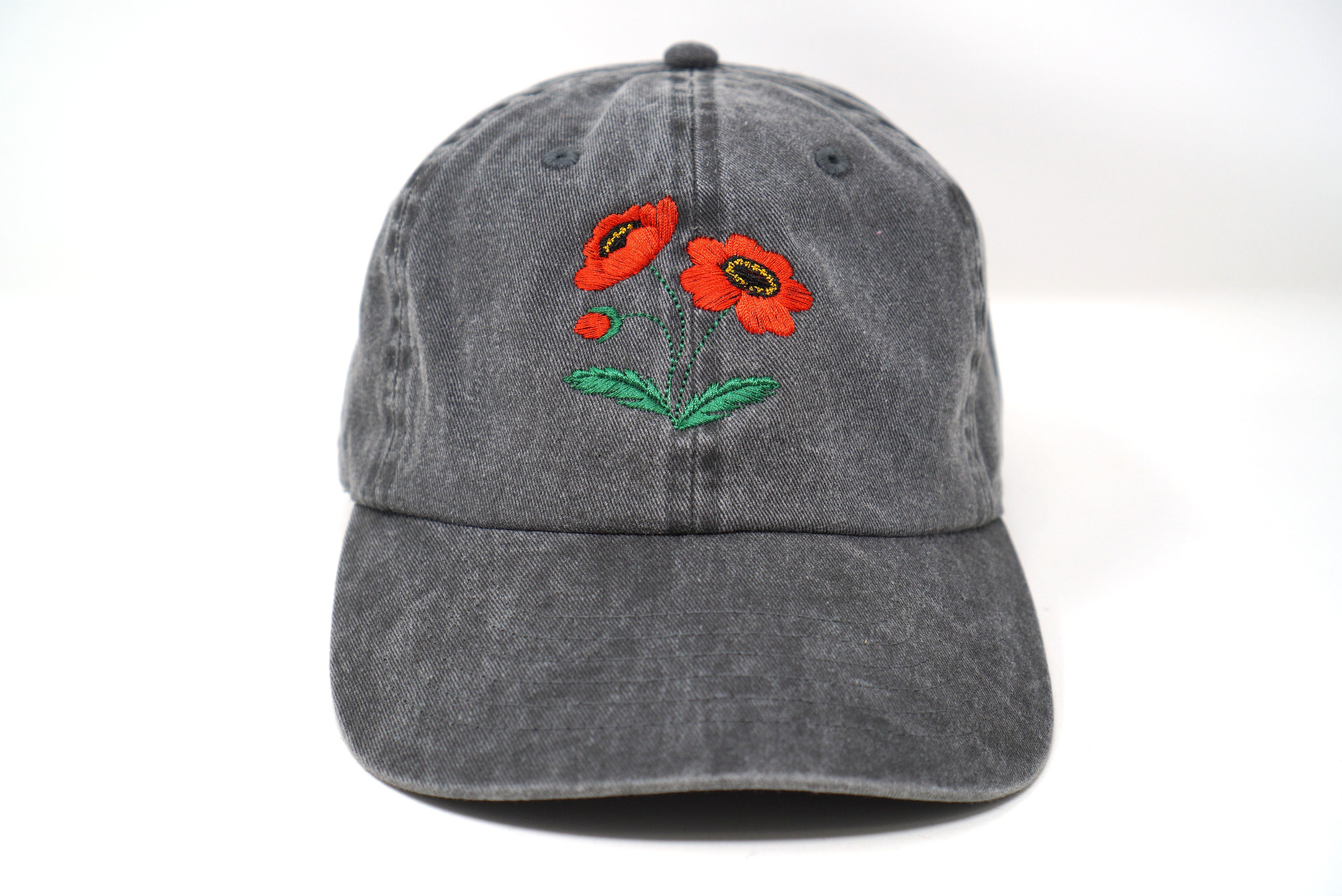 Red Poppy Flower Embroidered Baseball Cap, Washed Cotton