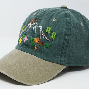 Hand Embroidered Mountain Flower Trees 2 Tone Green Beige Wash cotton Baseball Cap Summer Sun Hat image 3