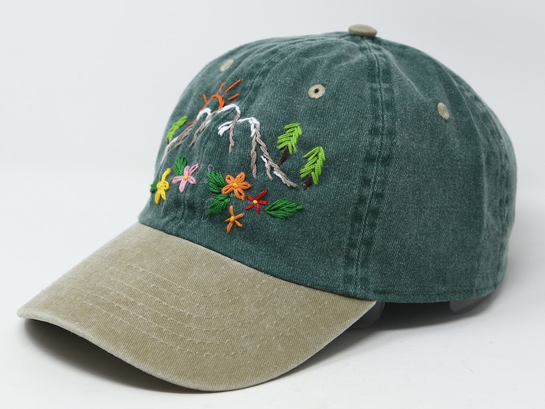 Hand Embroidered Mountain Flower Trees 2 Tone Green Beige Wash cotton Baseball Cap Summer Sun Hat image 3