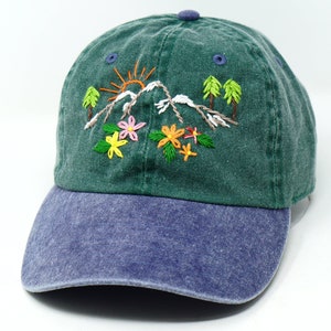 Hand Embroidered Mountain Flower Trees 2 Tone Green Beige Wash cotton Baseball Cap Summer Sun Hat Green blue