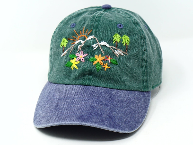 Hand Embroidered Mountain Flower Trees 2 Tone Green Beige Wash cotton Baseball Cap Summer Sun Hat Green blue