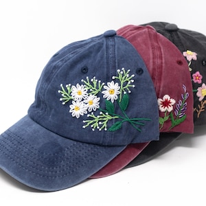 Wash Cotton Baseball Cap, Hand Embroidered Flower Hat, Mix Floral Garden Gift Hat, Colorful Summer Sun Cap