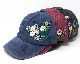 Wash Cotton Baseball Cap, Hand Embroidered Flower Hat, Mix Floral Garden Gift Hat, Colorful Summer Sun Cap