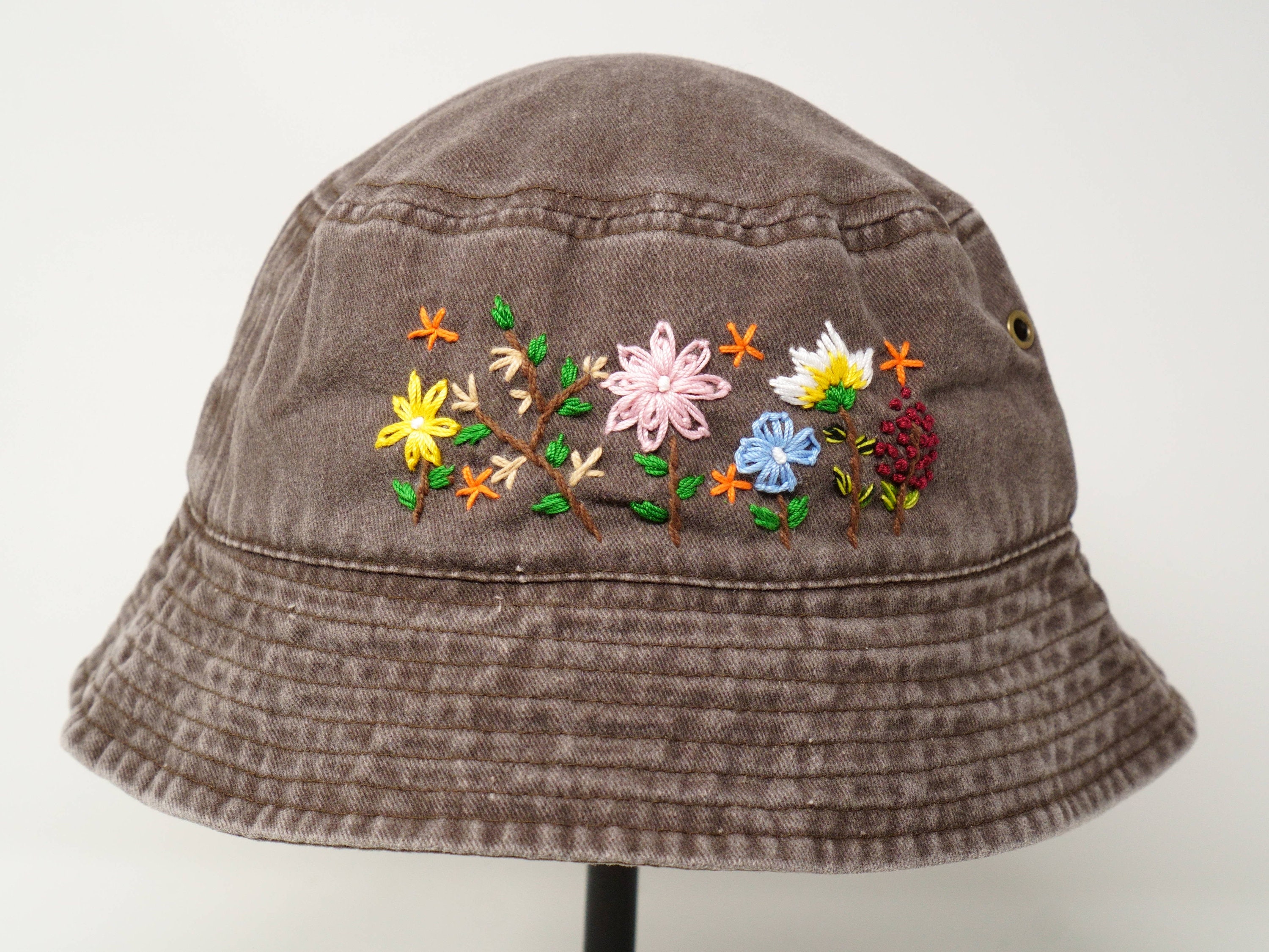 Washed Cotton Floral Bucket Hat, Hand Embroidered Star Rose  display picture 2