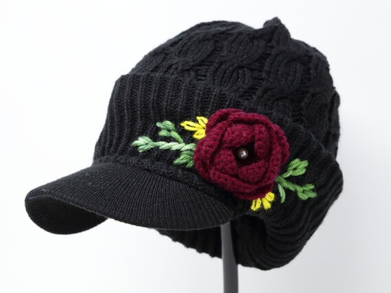 Winter Beanie Visor Hat, Hand Crochet Embroidered Flower Hat  display picture 1