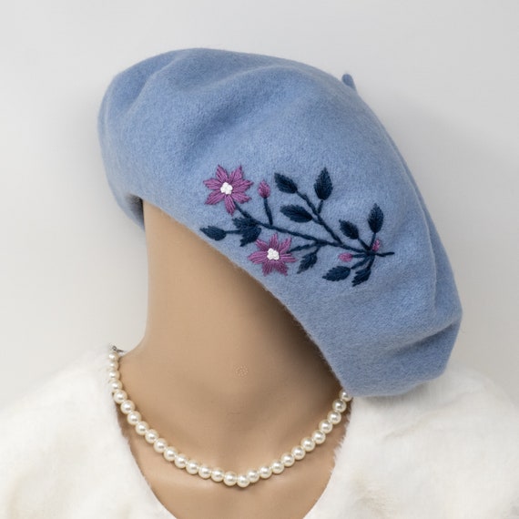 Unique Hand-embroidered Light Blue Wool Beret With Flower  display picture 1