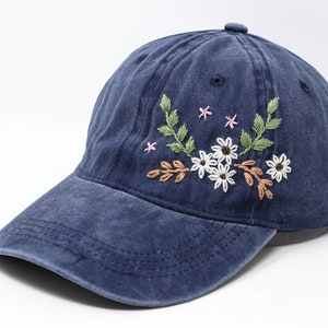 Flower Embroidered Cotton Baseball Cap, Hand Embroidered Daisy Fern Flower Hat, Curved Brim Baseball Hat, Hat Cap Gift Idea