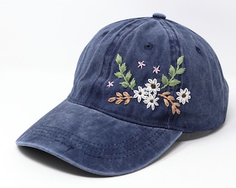 Casquette de baseball en coton brodée de fleurs, chapeau de fleur de fougère marguerite brodée à la main, casquette de baseball à bord incurvé, idée cadeau casquette