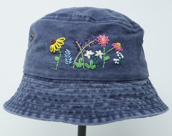 Washed Cotton Bucket Hat, Hand Embroidered Flower Cap Short Brim Demin Jean Navy Blue