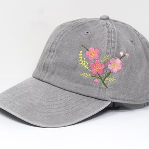 Flower Embroidered Cherry Blossom Sakura Baseball Cap, Washed Cotton Curve Brim Summer Hat Grey image 1