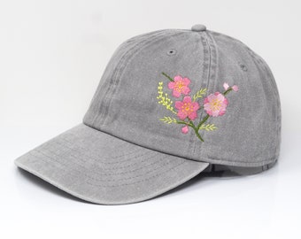 Bloem geborduurde kersenbloesem Sakura baseballpet, gewassen katoenen curve rand zomerhoed grijs