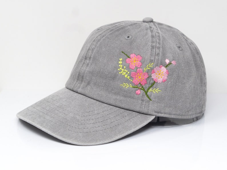 Flower Embroidered Cherry Blossom Sakura Baseball Cap, Washed Cotton Curve Brim Summer Hat Grey image 1