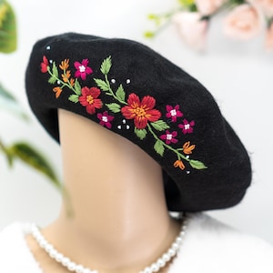 Hand Embroidered Wool French Beret Black | Floral Parisian Hat | Women’s Fashion Beret