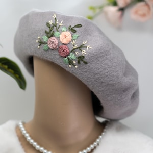 Handmade French Wool Beret with Rose Mixed Flower Embroidery | Gray Floral Vintage Style Hat