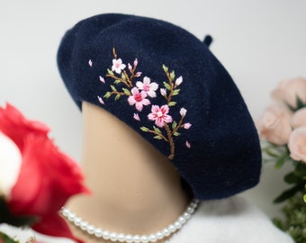 Stay Warm and Stylish: 100% Wool French Beret with Cherry Blossom Flower Embroidery - A Must-Have Winter Accessory