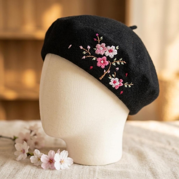 Hand Embroider Cherry Blossom Wool Beret Hat, 100% Wool French Cap, Warm Winter Hat for Women