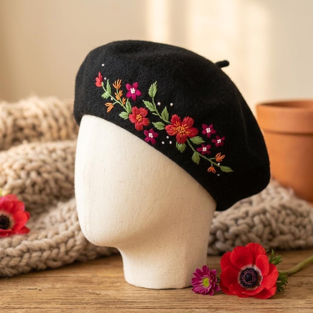 Hand Embroidered Wool French Beret Black | Floral Parisian  display picture 2