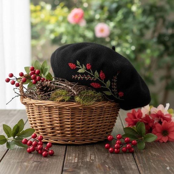 Women\'s French Style Flower Knitted Embroidery Beret Hats  2 Flowers Red Amazon.com: Flower Embroidery Beret Hat for Women, French  main image 4