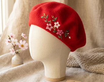 Women\'s French Style Flower Knitted Embroidery Beret Hats Red Red Rose Beret - Etsy main image 3