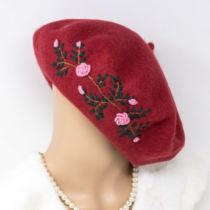 Handmade Burgundy Wool Beret Showcasing Artistic Floral Embroidery - French Inspired Hat - Women&#39;s Unique Accessory
