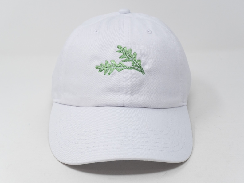 Arugula Embroidered Green Leaf Baseball Cap, Washed Cotton Curve Brim Summer Hat White