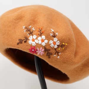 Beret Hat, Flower Hat, Wool Beret, Hand Embroidered Tri White Flower Hat, Embroidered Beret, Orange Pumpkin Cap