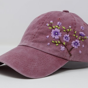 Wash Cotton Baseball Cap, Hand Embroidered Purple Flower Hat, Curved Brim Baseball Hat, Grey Colorful Summer Cap