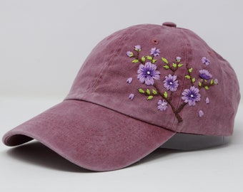 Wash Cotton Baseball Cap, Hand Embroidered Purple Flower Hat, Curved Brim Baseball Hat, Grey Colorful Summer Cap