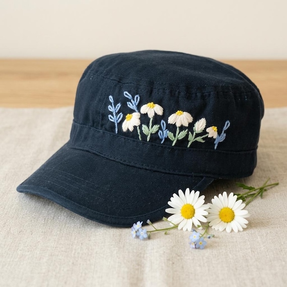 Navy Floral Embroidered \'M\' Baseball Cap Flower-adorned Curved Brim Baseball Cap in Navy Blue – Hand  main image 2
