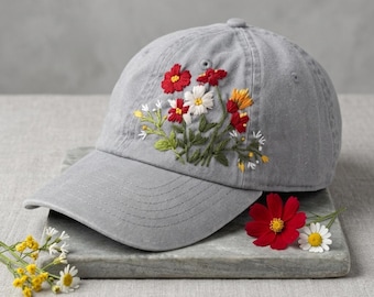 Personalized Flower Design Baseball Cap | Handcrafted Natural Grey Cotton Hat | Botanical Fashion