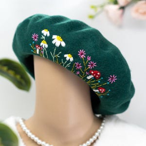 French Wool Beret with Hand Embroidered Daisy Mushroom Flowers | Boho Floral Winter Hat | Handmade Gift