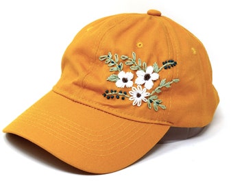 100% Cotton Baseball Cap, Hand Embroidered White Flower Hat, Curved Brim Baseball Hat, Mustard Yellow Baseball Cap