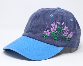 Wash Cotton Baseball Cap, Hand Embroidered Flower Hat, Two Tone Blue Curved Brim Baseball Hat, Colorful Summer Cap