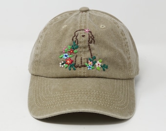 Hand Embroidered Puppy Dog Flower Cotton Baseball Cap, Hand Embroidered Multi Color Sun Hat, Curve Brim Summer Cap,