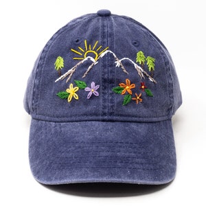 Hand Embroidered Mountain Flower Trees 2 Tone Green Beige Wash cotton Baseball Cap Summer Sun Hat Navy