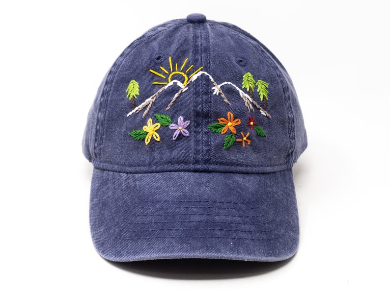 Hand Embroidered Mountain Flower Trees 2 Tone Green Beige Wash cotton Baseball Cap Summer Sun Hat Navy