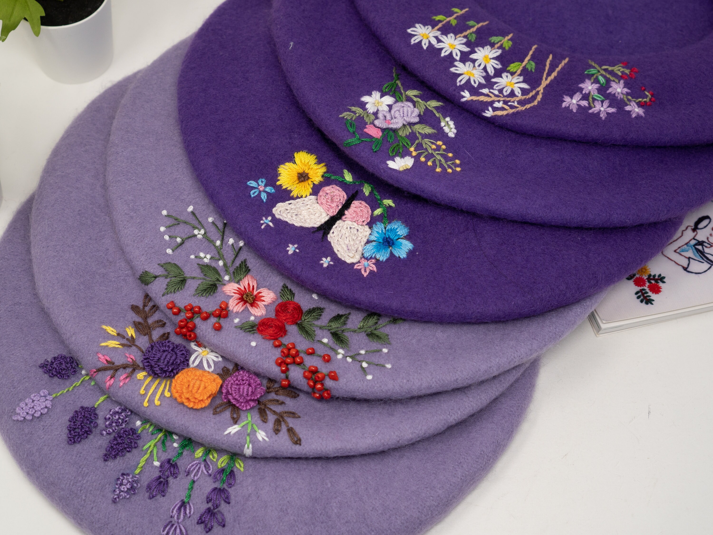 Feminine Flora: Hand-embroidered Violet Purple Wool Beret 