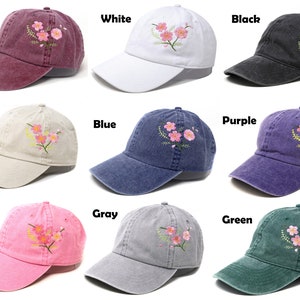 Flower Embroidered Cherry Blossom Sakura Baseball Cap, Washed Cotton Curve Brim Summer Hat Grey image 7
