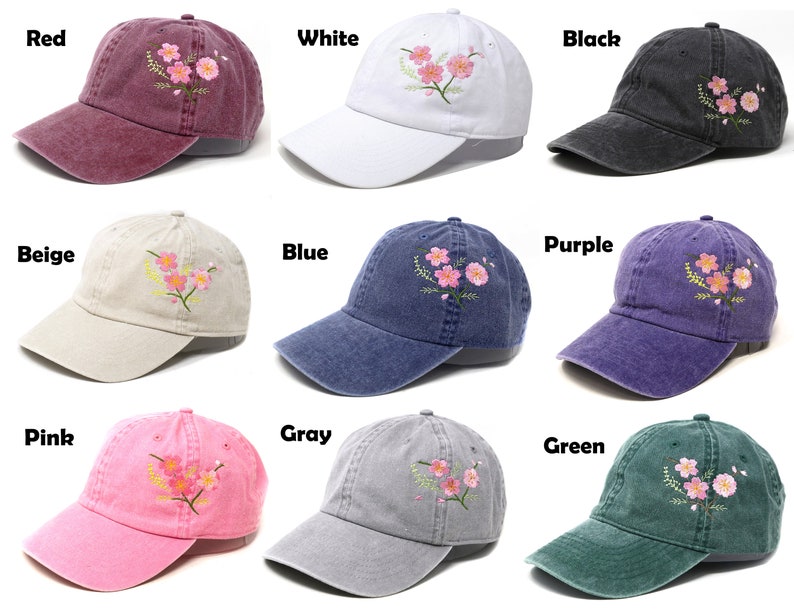 Flower Embroidered Cherry Blossom Sakura Baseball Cap, Washed Cotton Curve Brim Summer Hat Grey image 7