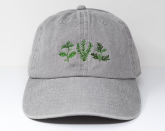 Green Herb Embroidered Baseball Cap, Rosemary Paisley Basil Design Washed Cotton Curve Brim Summer Hat