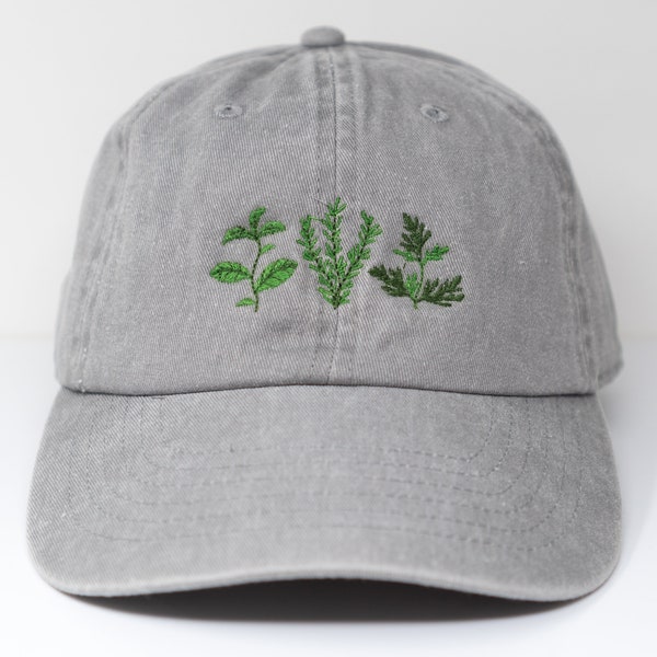 Green Herb Embroidered Baseball Cap, Rosemary Paisley Basil Design Washed Cotton Curve Brim Summer Hat