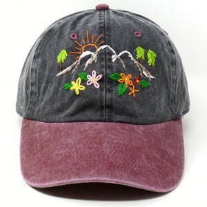 Hand Embroidered Mountain Flower Trees 2 Tone Green Beige Wash cotton Baseball Cap Summer Sun Hat Black red